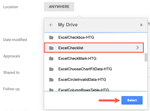 Выбор папки в «Мой диск» для поиска