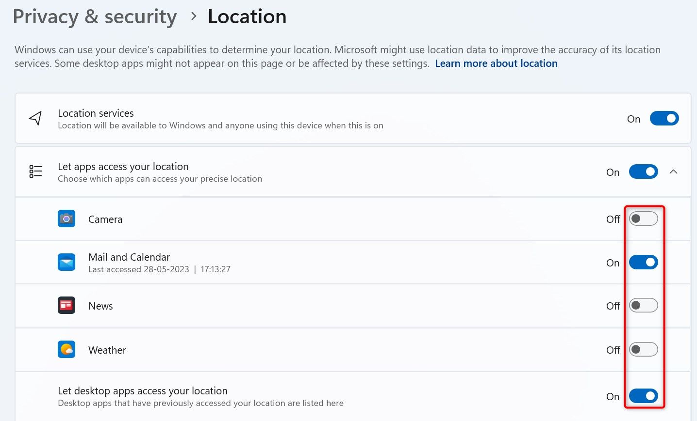 Переключатели для различных приложений выделены на экране «Местоположение».