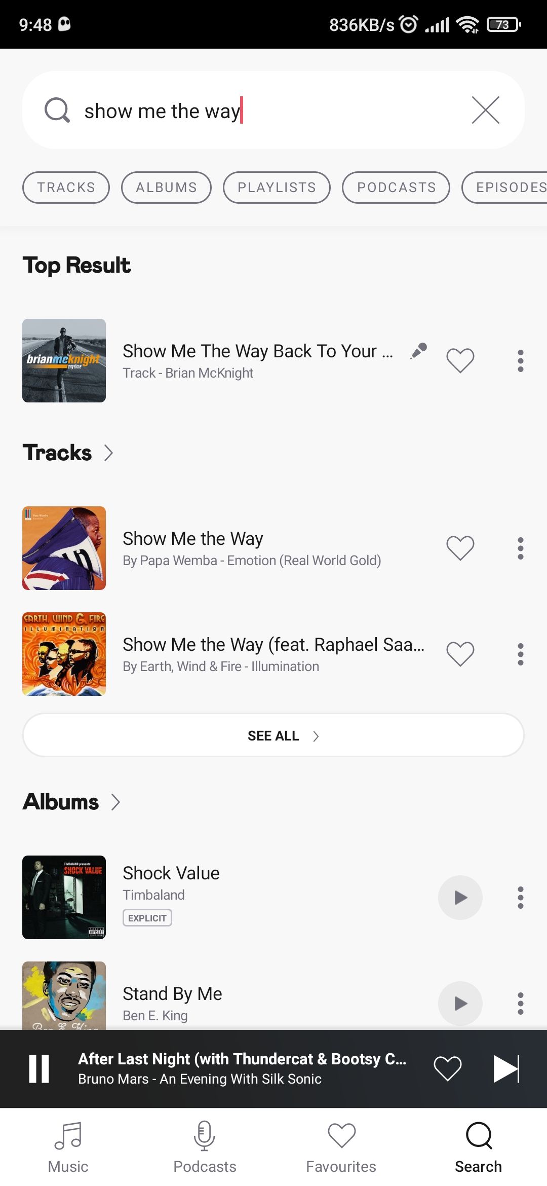 Результаты поиска Deezer с выделенным треком и меню действий