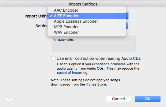 Настройка 'Import Using: AIFF Encoder' в iTunes
