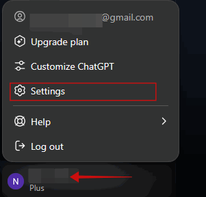 Scelta dell'opzione Impostazioni su ChatGPT per PC