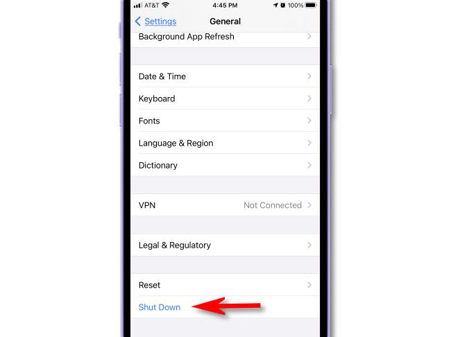 Пункт «Выключить» внизу меню Основные
