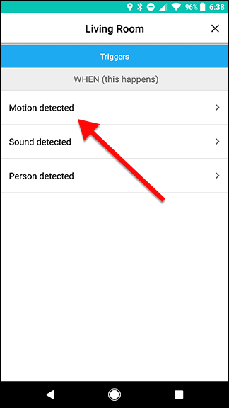 Выбор триггера 'Motion detected' для Nest Cam