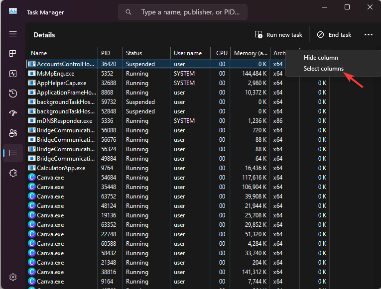 Выбор столбцов в Диспетчере задач
