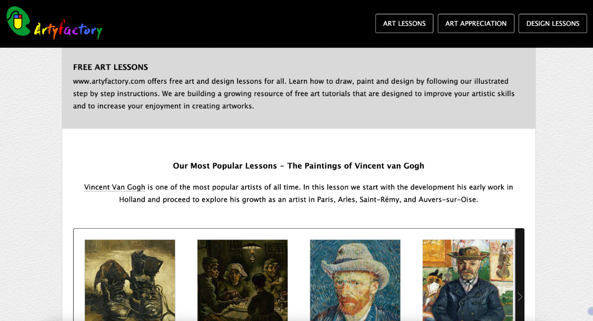 Веб-страница Arty Factory с шагами по созданию художественных работ