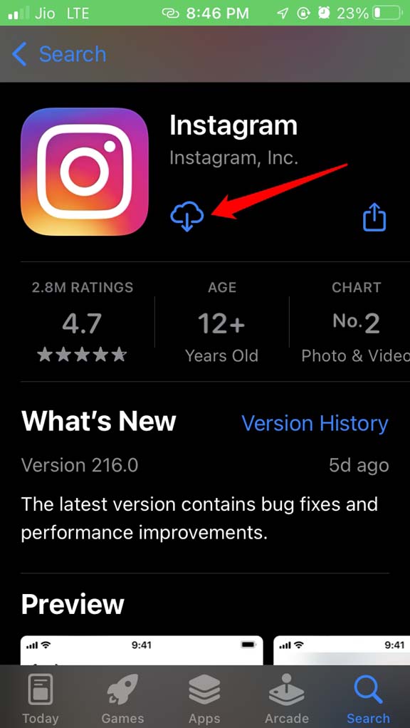 Скачивание Instagram из App Store