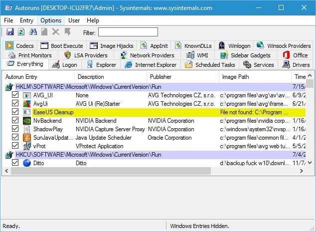 Список автозапуска в Autoruns с возможностью отключения элементов