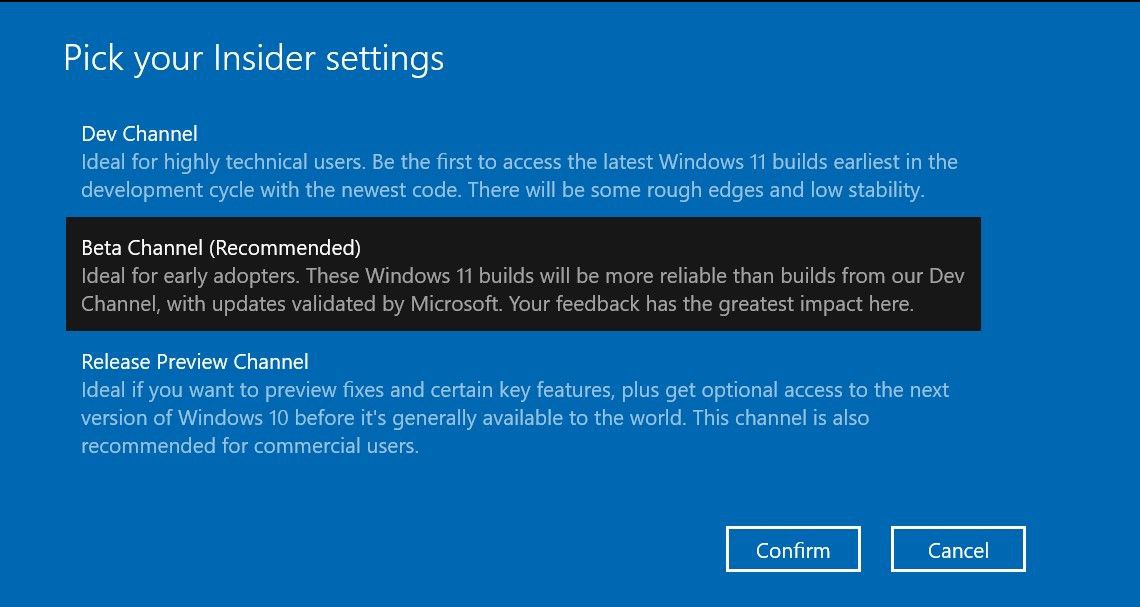 Выбор канала Beta в настройках Windows Insider