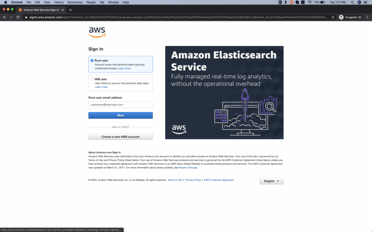 Экран входа в AWS Console