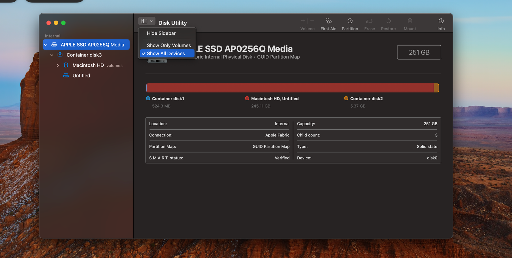 macOS Disk Utility отоброжает диск и опцию Partition