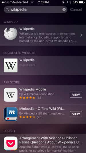 Результаты поиска Spotlight с предложениями приложений и ссылками на веб и карты