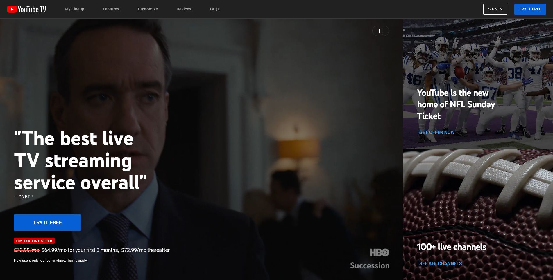 главная страница YouTube TV в веб‑браузере