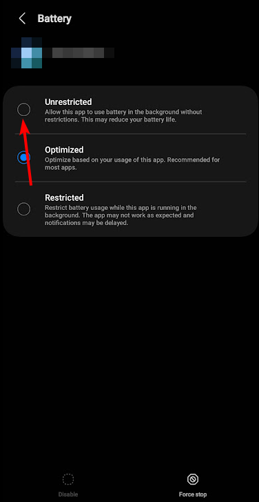 Иллюстрация: опция Без ограничений для батареи приложения