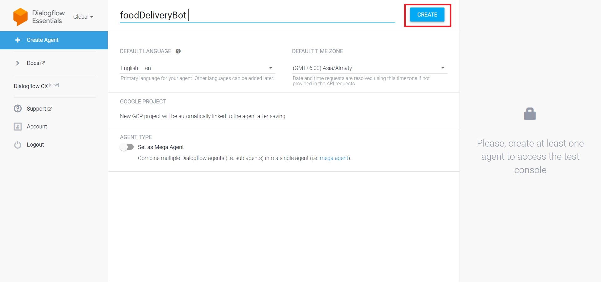 Enter name of the agent and click create