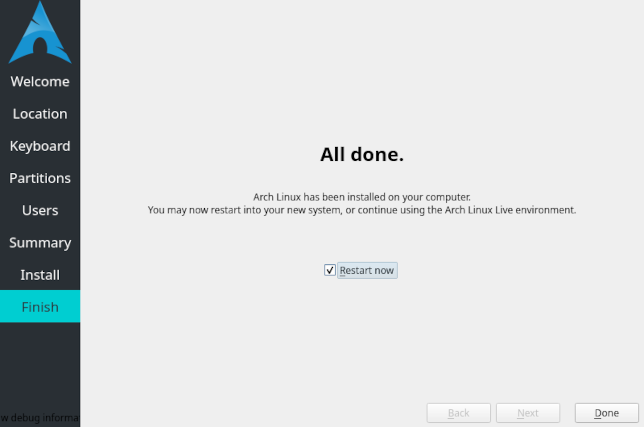 The Arch Linux Calamares installer final screen
