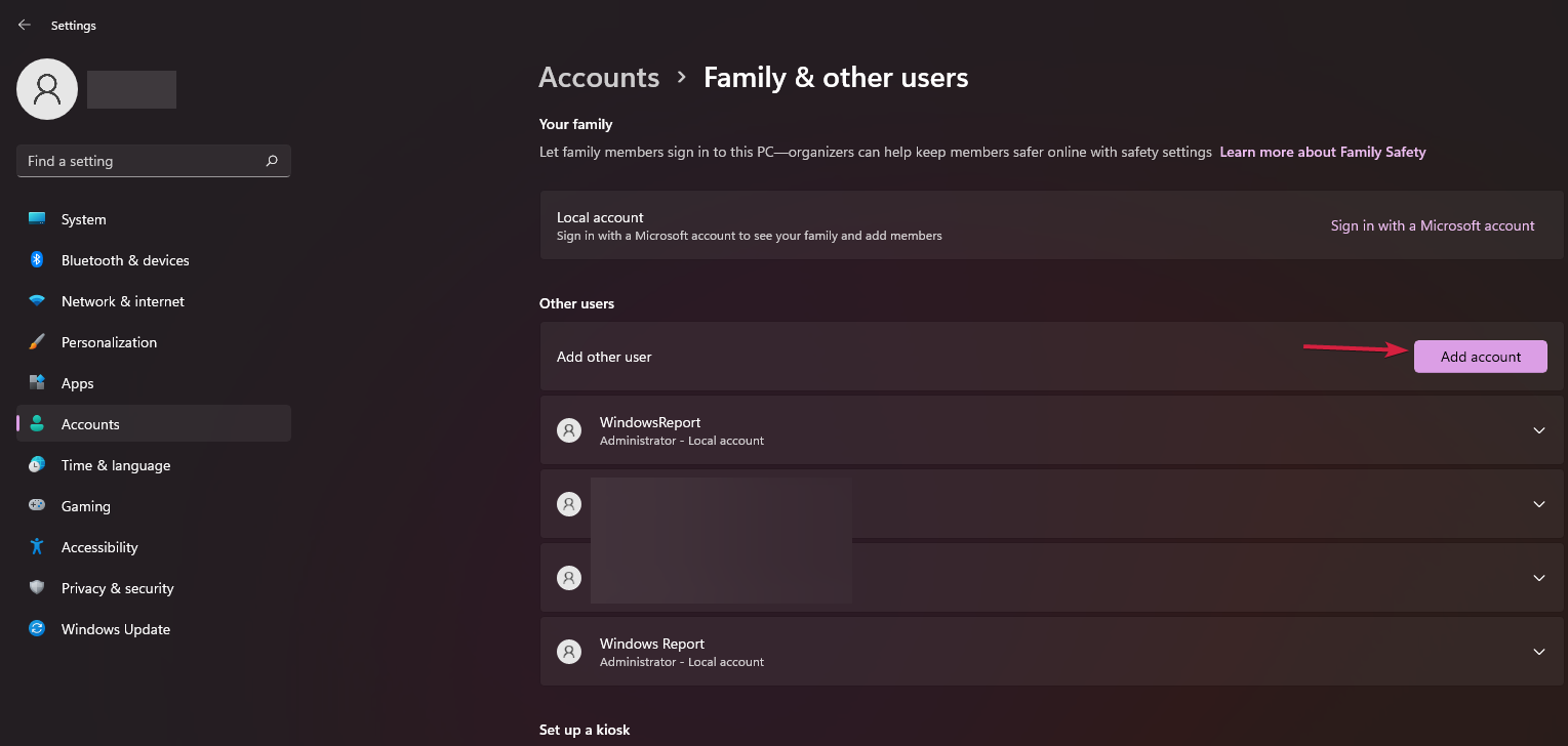 Кнопка добавления учётной записи