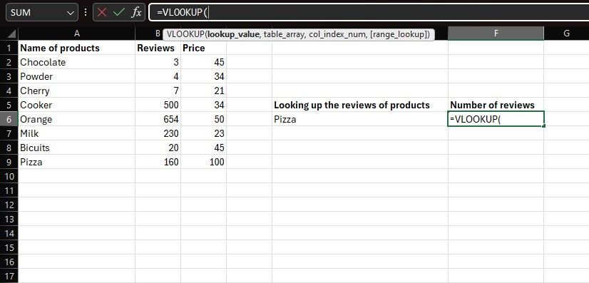 Ввод функции VLOOKUP в Excel
