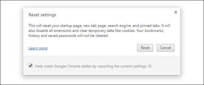 Окно подтверждения сброса настроек Chrome
