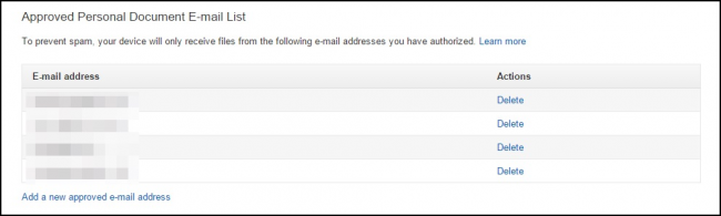 Управление адресами для отправки документов на Kindle