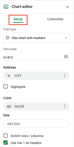 Вкладка Настройка для редактирования карты в Google Sheets