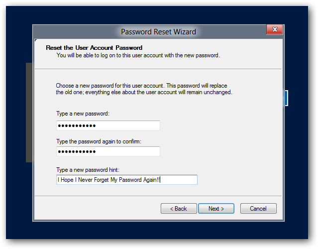 Форма ввода нового пароля и подсказки при сбросе