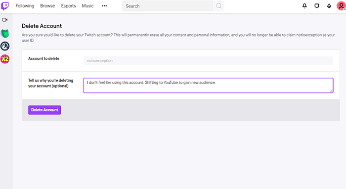 Pagina Elimina account di Twitch