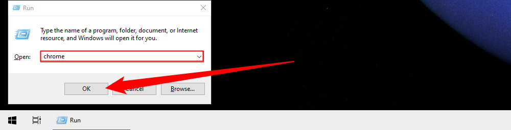 Окно «Выполнить»: ввод команды Chrome. 