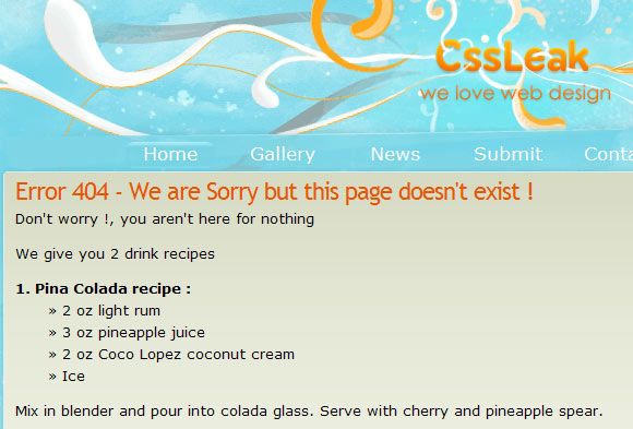 404 страница CssLeak с боковой панелью и списком последних страниц