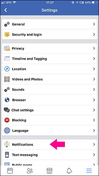 Список категорий уведомлений в приложении Facebook