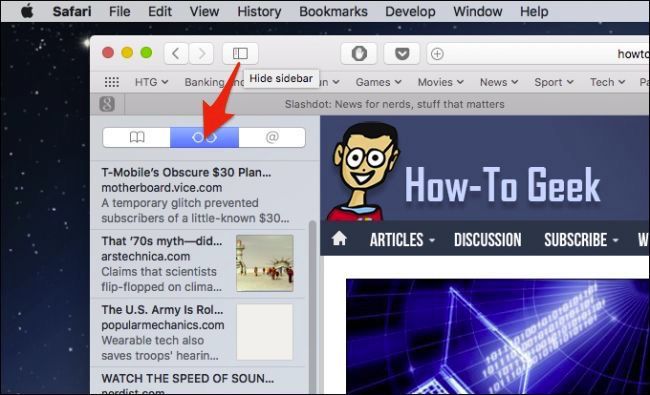 Боковая панель Safari на macOS с иконкой очков