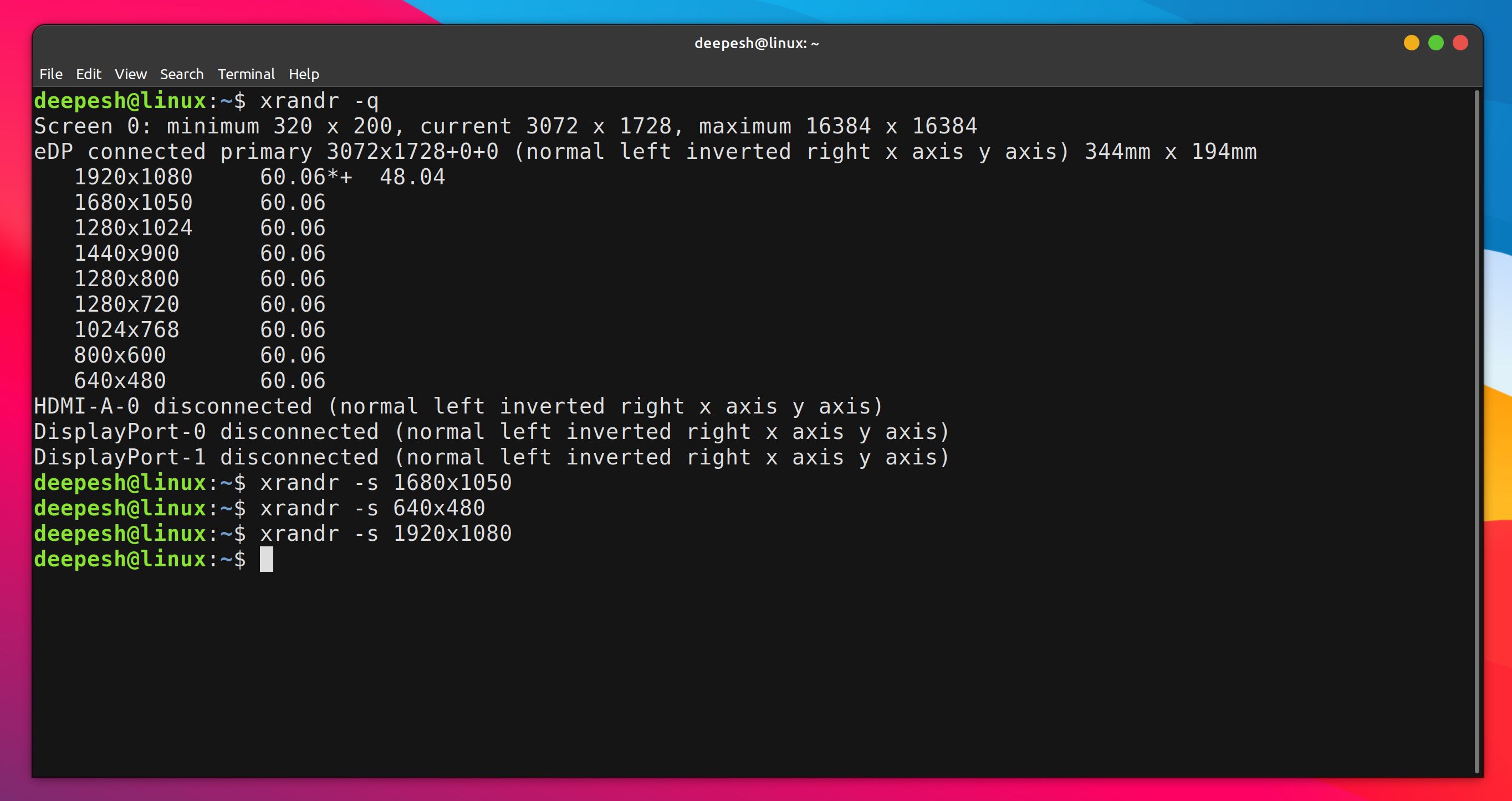 Вывод команды xrandr в терминале