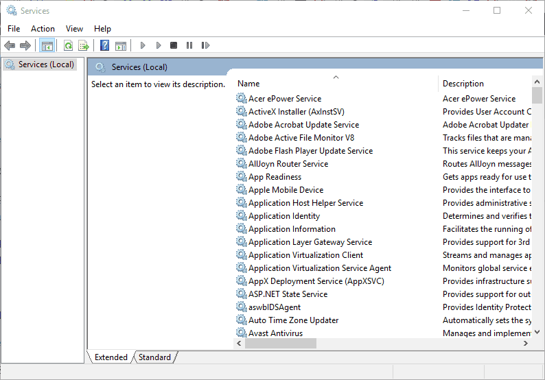 Окно служб Windows