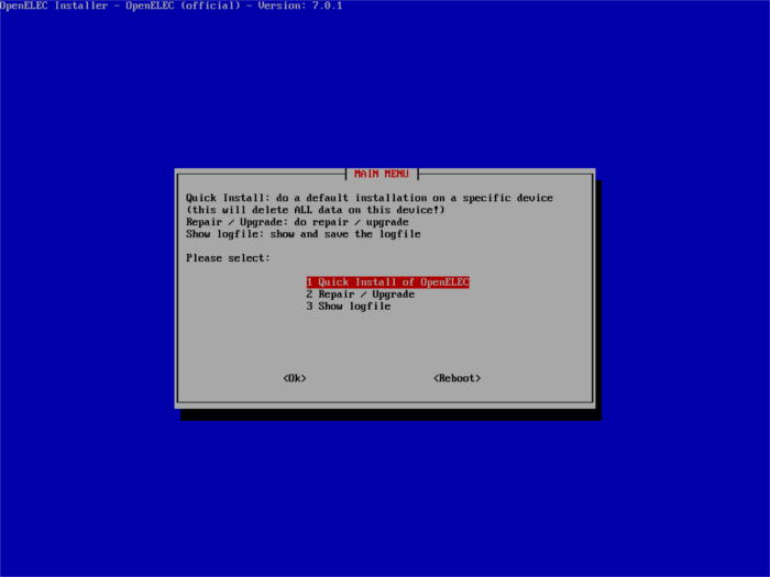 Меню выбора установки OpenELEC