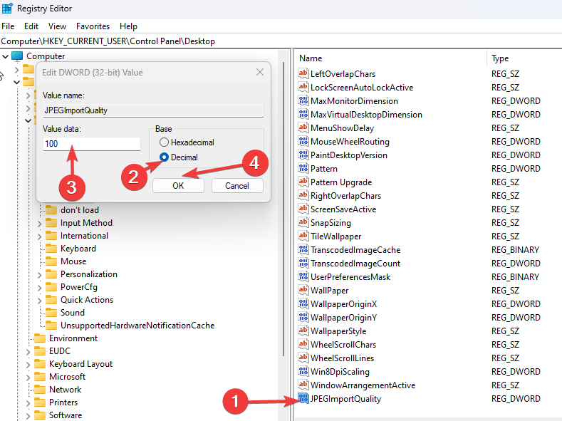 Поле Value data для JPEGImportQuality установлено в 100