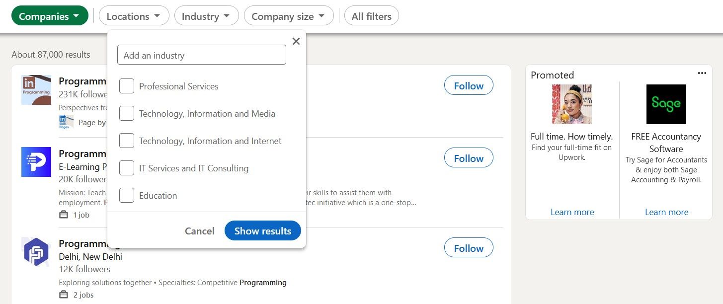 Использование фильтра отраслей в расширенном поиске LinkedIn