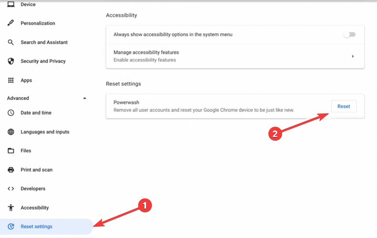 Раздел сброса настроек (Powerwash) в Chromebook
