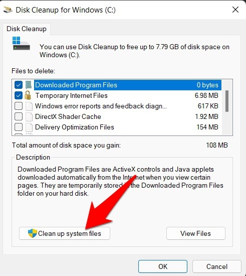 Кнопка Очистить системные файлы в Windows 11