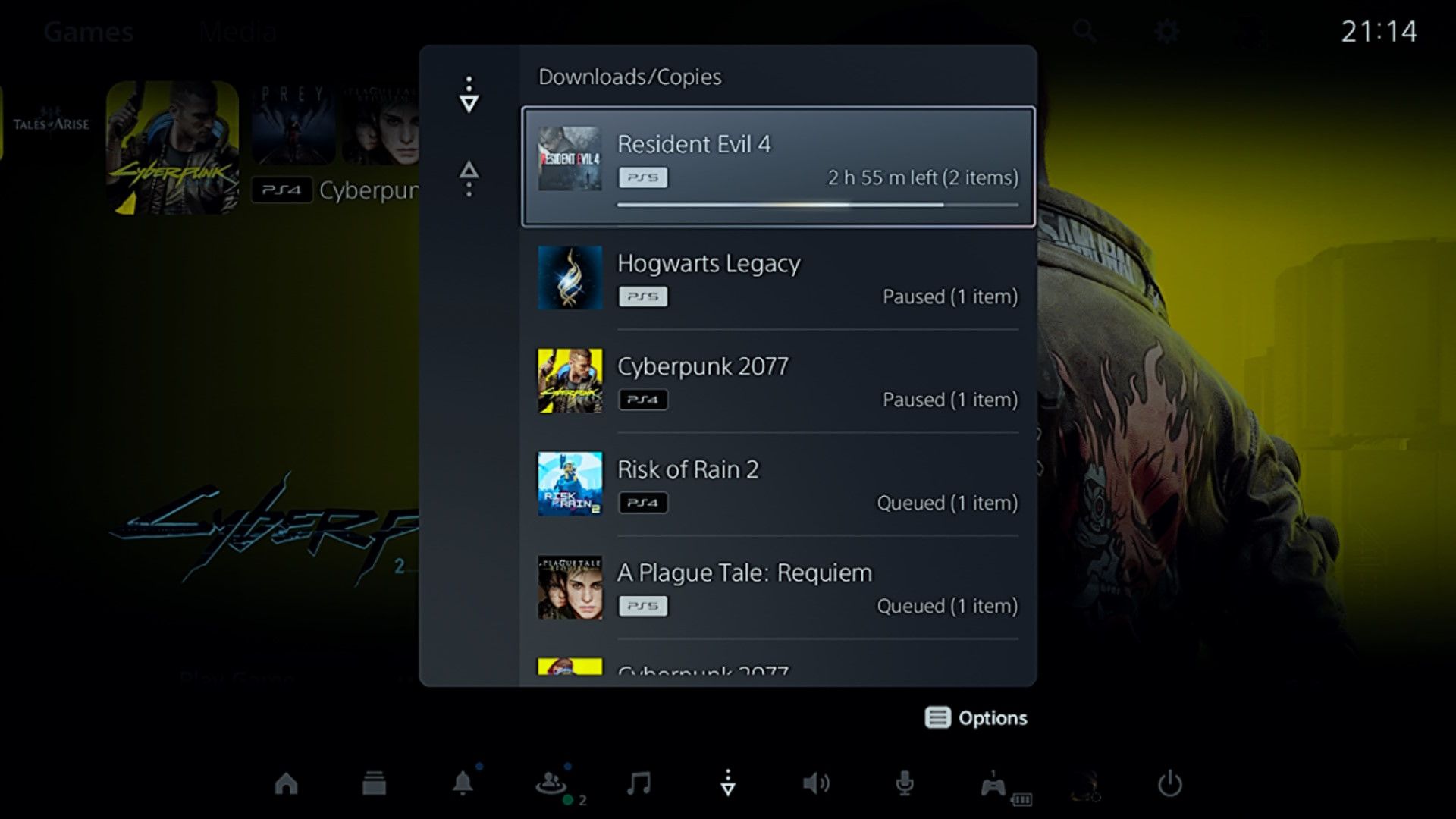 The Downloads screen on PS5.