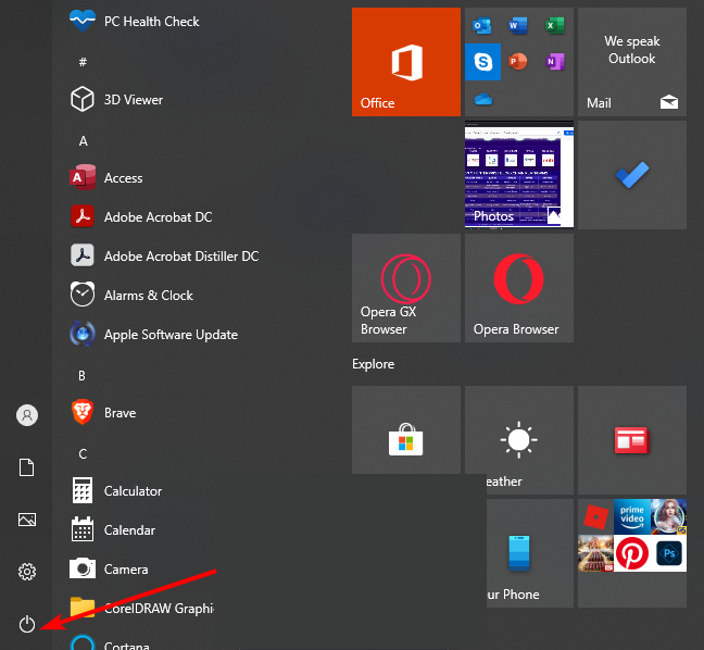 Кнопка питания в меню Пуск Windows