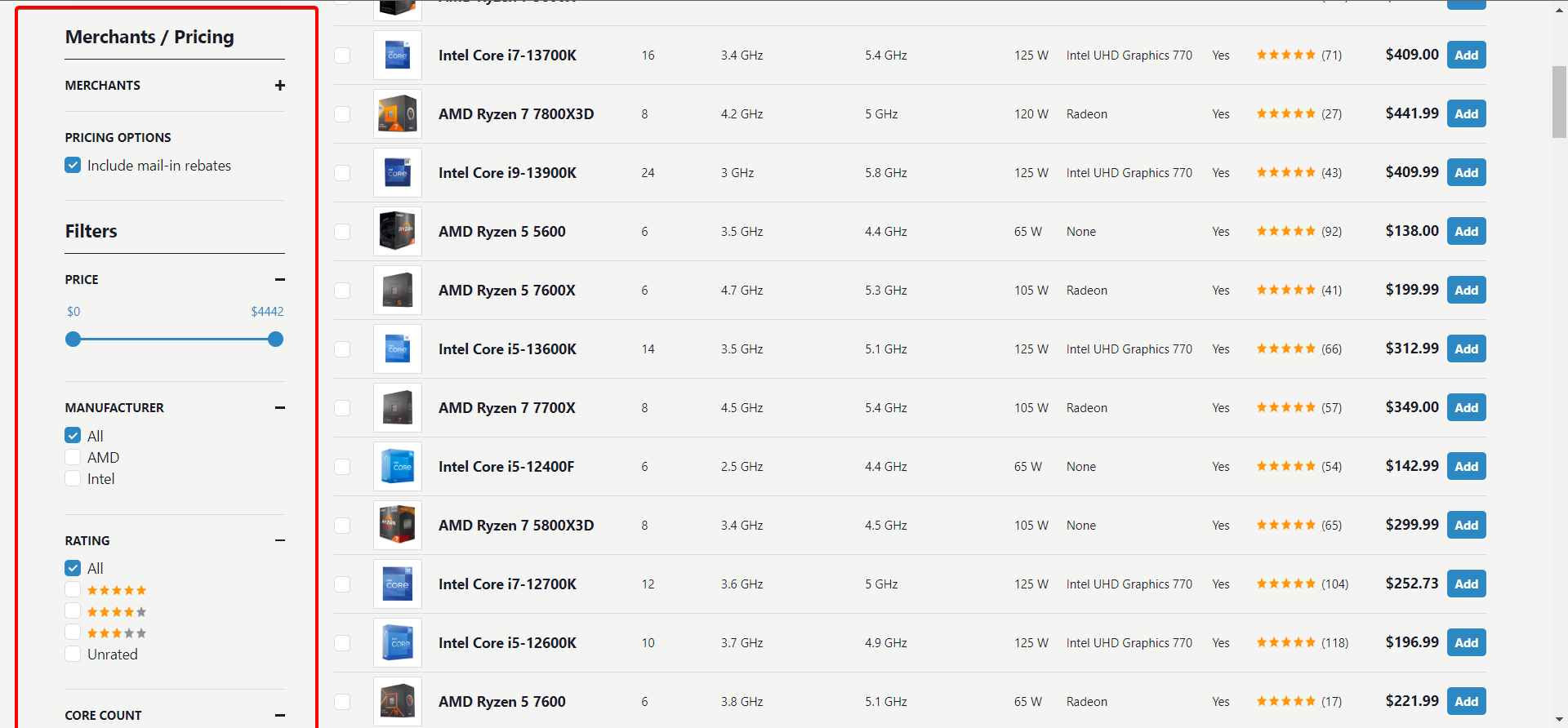 Панель фильтров и сравнения цен продавцов