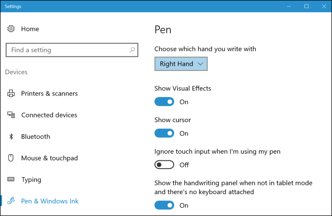 Параметры пера и Windows Ink в Windows 10