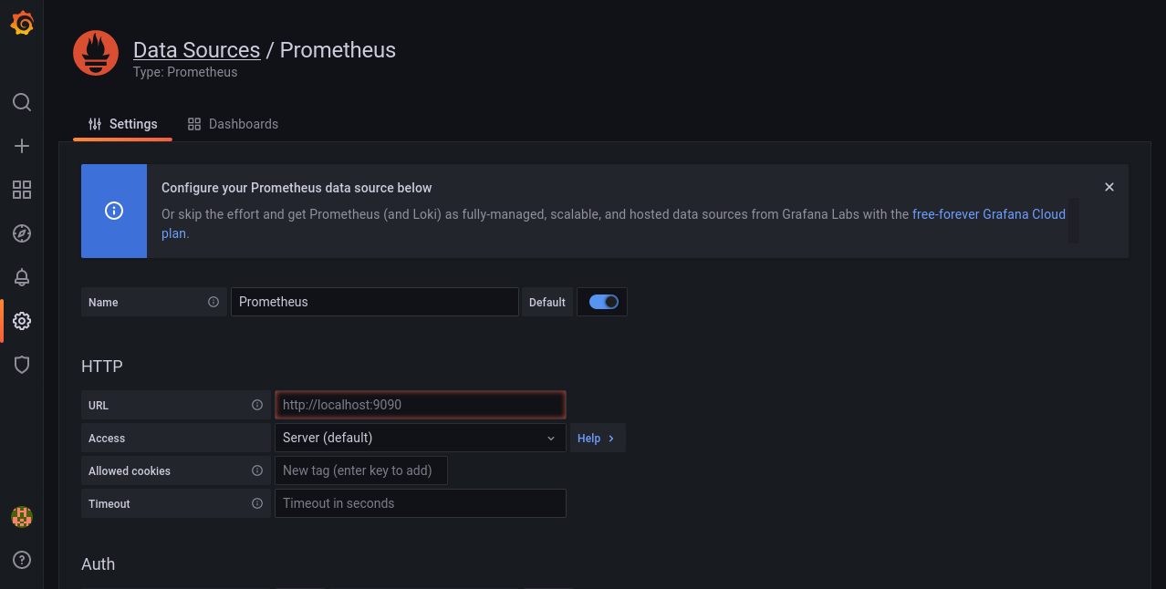 Скриншот добавления источника данных Prometheus в Grafana