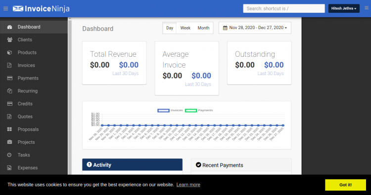 Панель управления Invoice Ninja