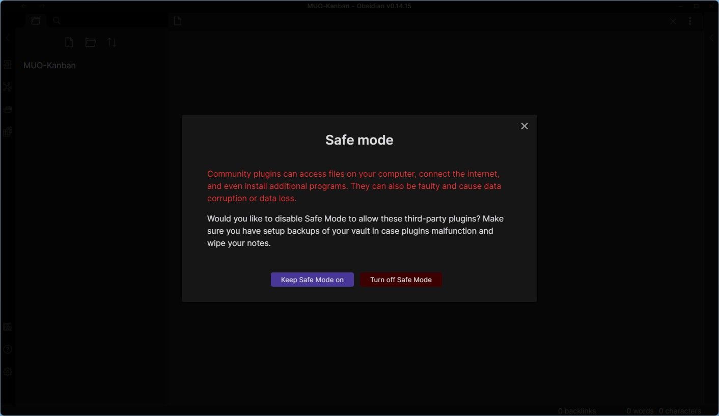 Отключение Safe Mode в Obsidian