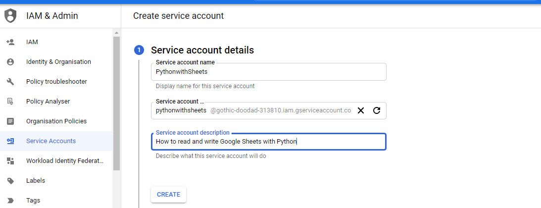 Детали сервисного аккаунта