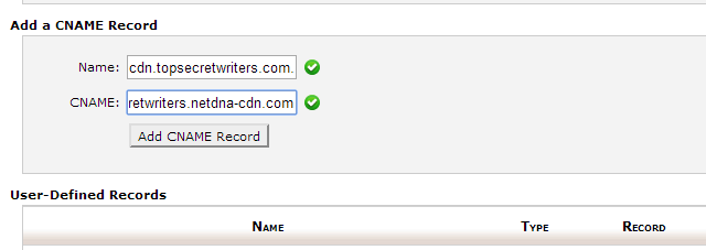 Пример записи CNAME в редакторе DNS: имя и целевой домен CDN