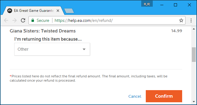 Подтверждение причины возврата в форме