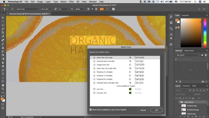 Интерфейс Photoshop: инструмент «Сопоставить шрифты»