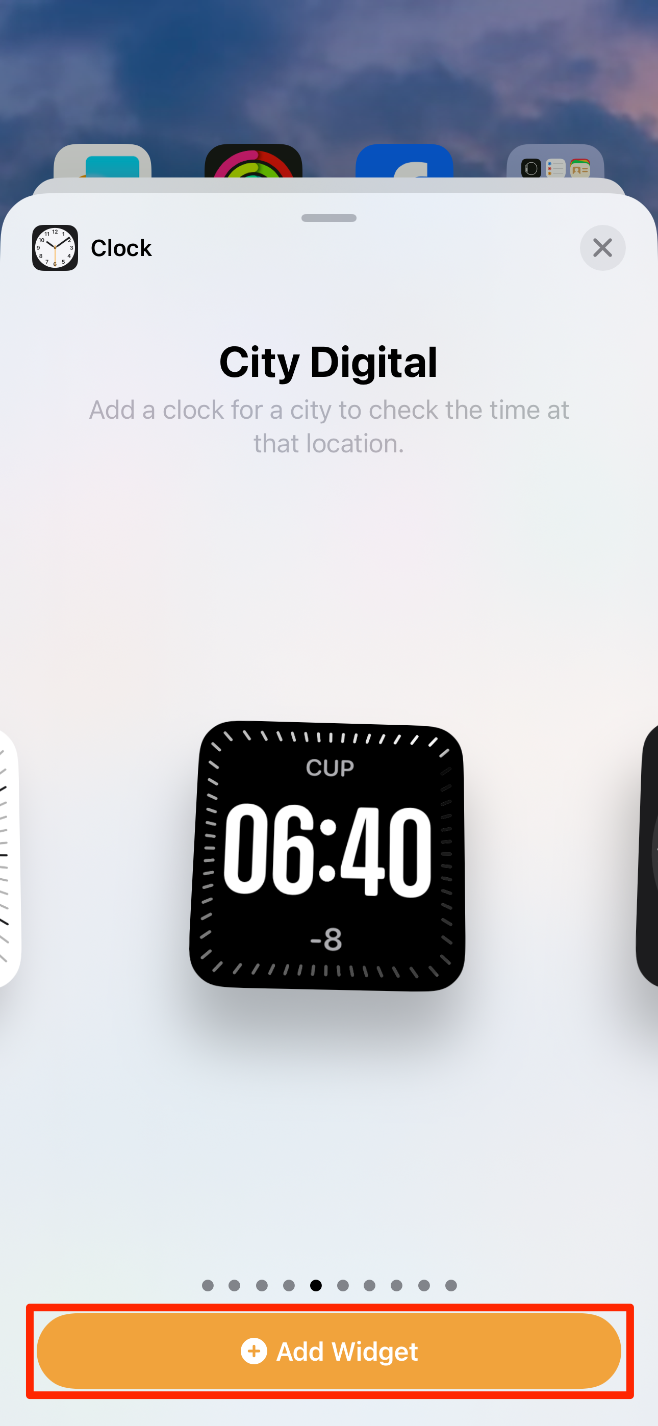 Виджет City Digital в галерее виджетов iPhone с выделенной кнопкой Добавить виджет.