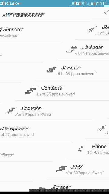 Список категорий разрешений с возможностью выбрать одну из них